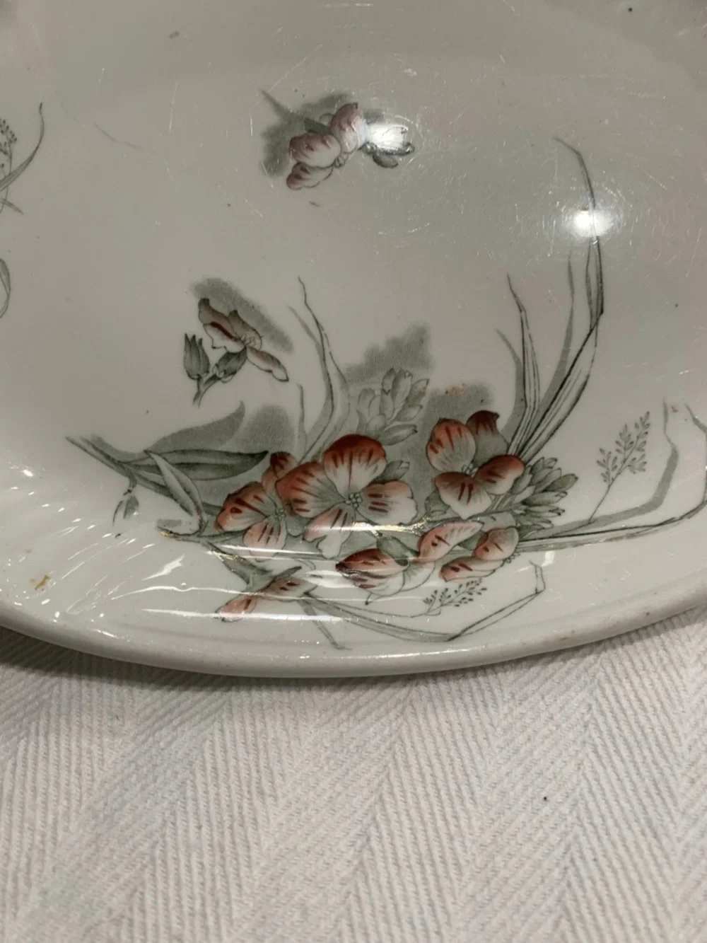 Antique Ironstone Transferware Platter, Soft Peach and Sage floral